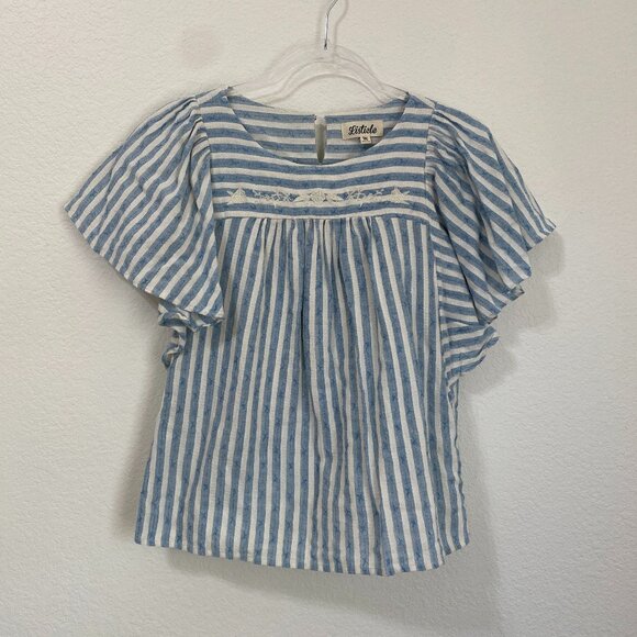 Listicle Medium Blue and White Flutter Sleeve Blouse Cotton Linen Embroidered - Picture 2 of 9